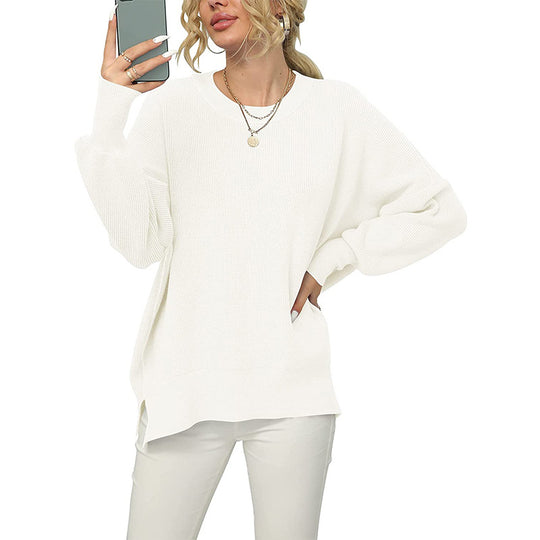 Damen Oversize-Feinstrickpullover mit Rundhalsausschnitt, überschnittener Schulter und Seitenschlitzen Shop Nory