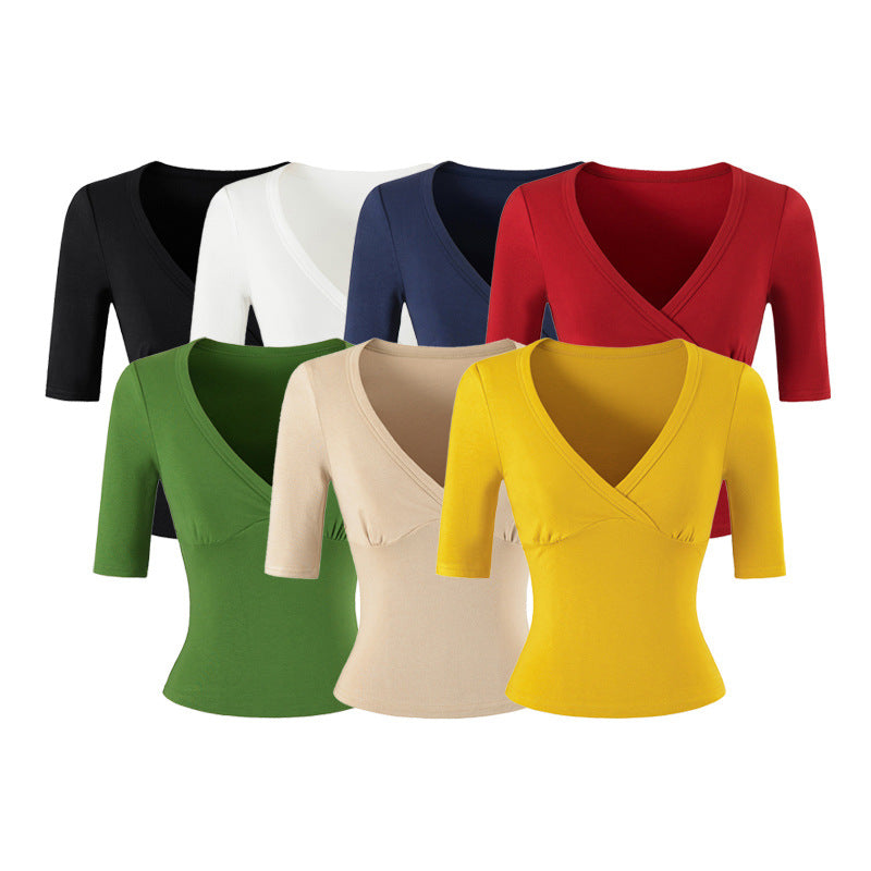 Damen Figurbetontes Wickelshirt mit tiefem V-Ausschnitt, dreiviertelärmeln und Taillenbetonung Shop Nory