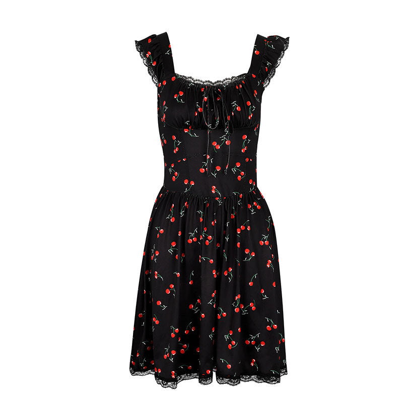 Damen Sommerkleid mit verspieltem Kirschmuster und Spitzenakzenten Shopnory