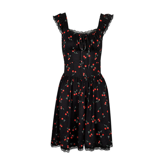 Damen Sommerkleid mit verspieltem Kirschmuster und Spitzenakzenten Shopnory