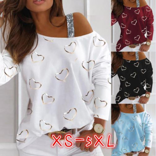 Damen Off-Shoulder Strickpullover mit Herzprint und Paillettenträger Shop Nory