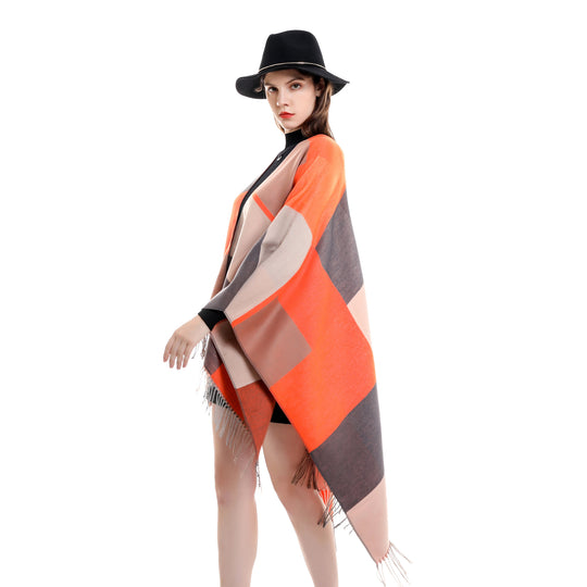 Damen Leichter Webruana mit geometrischem Blockmuster und Fransensaum Shop Nory