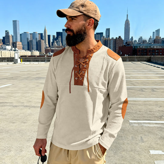 Herren Waffelstrick-Langarmshirt mit Schnürung und Kunstvelours-Ellbogenpatches Shop Nory