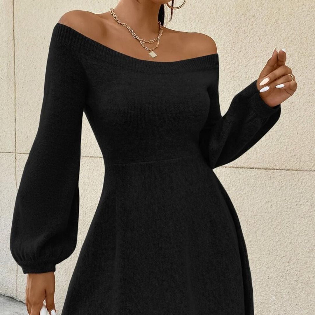 Damen Schulterfreies Feinstrick-Kleid mit taillierter Passform und Ballonärmeln Shop Nory