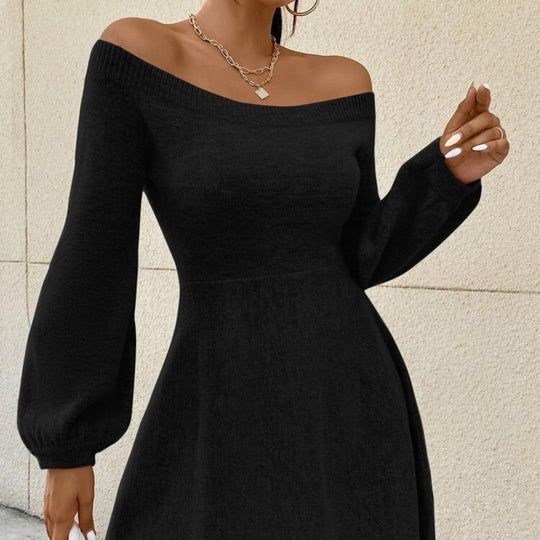 Damen Schulterfreies Feinstrick-Kleid mit taillierter Passform und Ballonärmeln Shop Nory