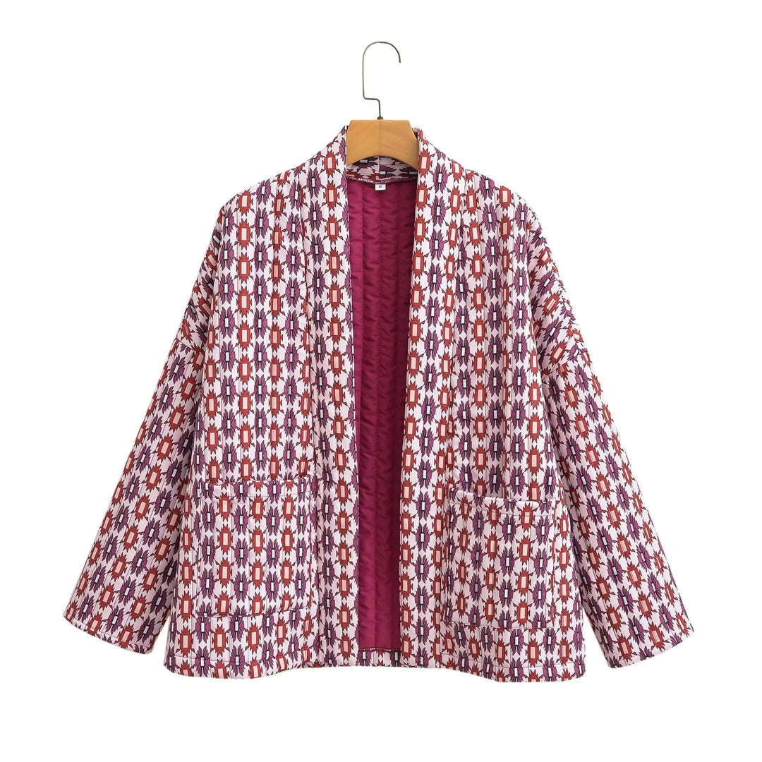 Damen Gemusterte Kimono-Steppjacke mit offener Front und aufgesetzten Taschen Shop Nory