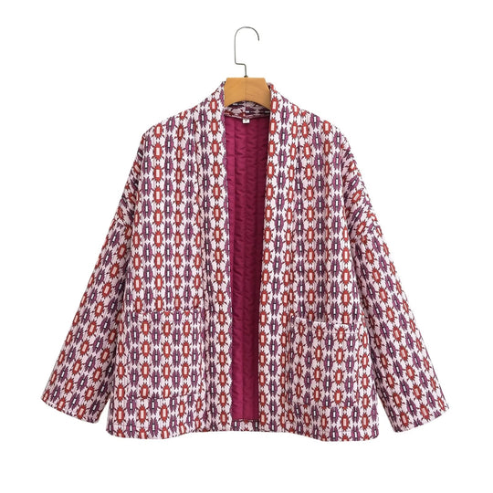 Damen Gemusterte Kimono-Steppjacke mit offener Front und aufgesetzten Taschen Shop Nory