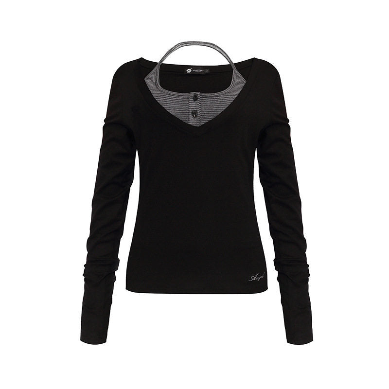 Damen Langarm-Shirt mit doppeltem Layer‑Effekt, tiefem V‑Ausschnitt und gestreiftem Einsatz Shop Nory