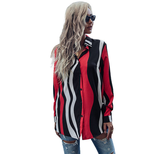 Damen Langarm-Hemdbluse mit Knotenfront, Hemdblusenkragen und vertikalen Streifen Shop Nory