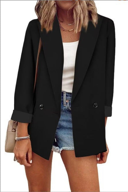 Damen Oversize Longline-Blazer mit 3/4-Ärmeln, Kontrastumschlag und aufgesetzten Taschen Shop Nory