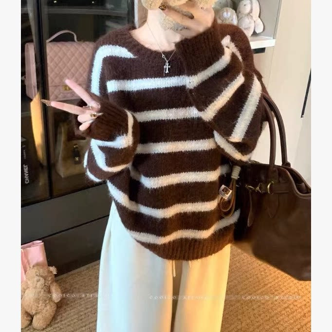 Damen Bequemer Grobstrick Pullover mit Streifenmuster Shop Nory