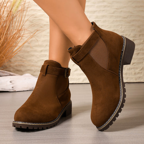 Damen Stiefelette mit Velours-Optik, elastischem Einsatz und Schnallenriemen Shop Nory