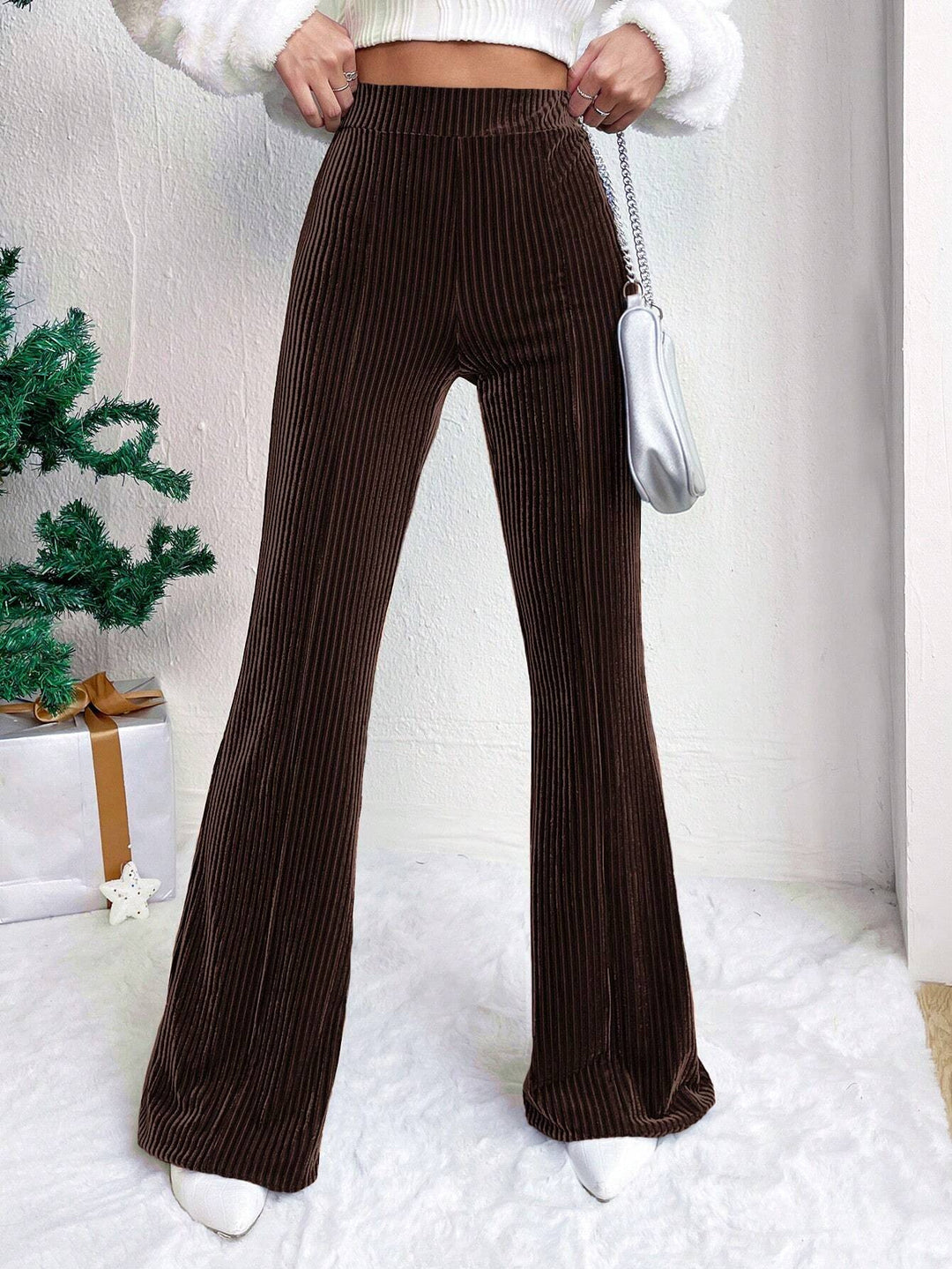 Damen Hochtaillierte gerippte Samt-Hose mit weitem Bein Shop Nory