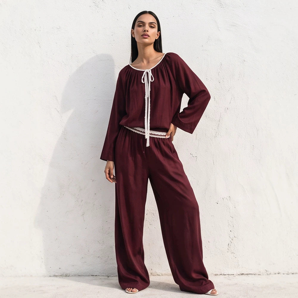 Damen Fließendes zweiteiliges Loungewear-Set aus Seidenoptik mit weiter Palazzohose und geraffter Tunika Shop Nory