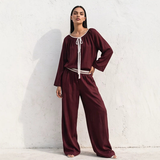 Damen Fließendes zweiteiliges Loungewear-Set aus Seidenoptik mit weiter Palazzohose und geraffter Tunika Shop Nory