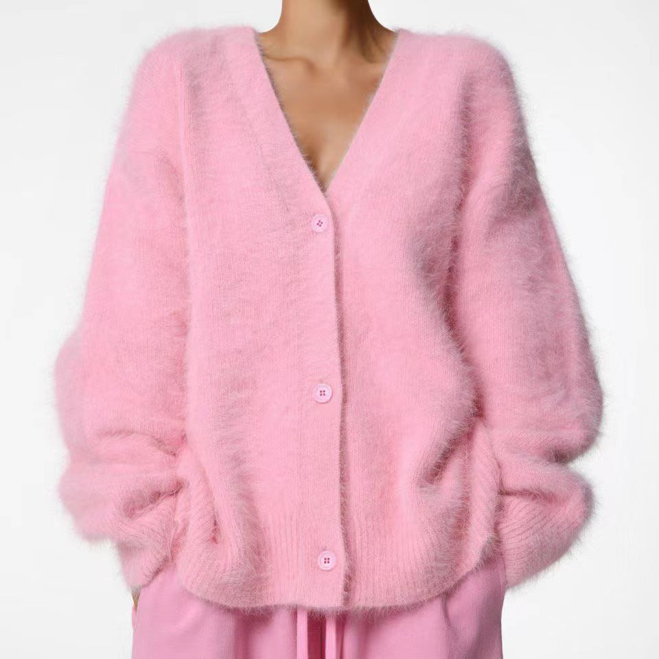 Damen Flauschiger Oversize-Knopfcardigan mit tiefem V-Ausschnitt und Eingrifftaschen Shop Nory