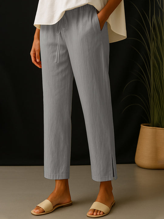 Damen Casual-Chino Leinenoptik Culotte mit elastischem Tunnelzugbund und Eingrifftaschen Shop Nory