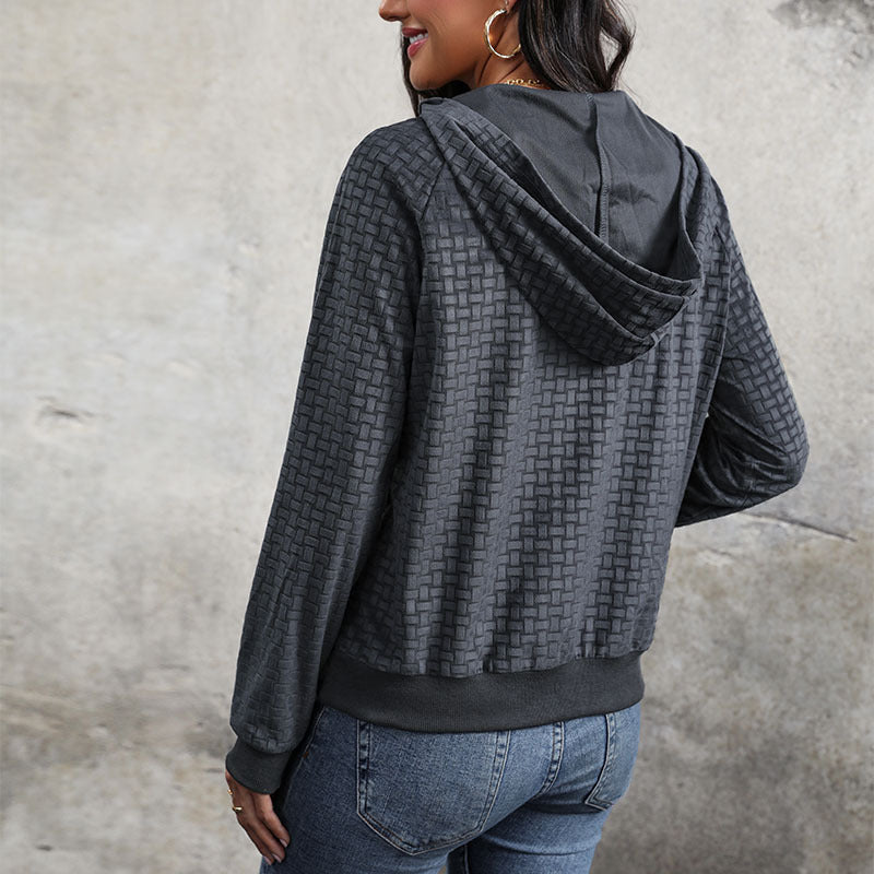 Damen Texturierter Kapuzenpullover mit Knopfleiste und Strukturmuster Shop Nory