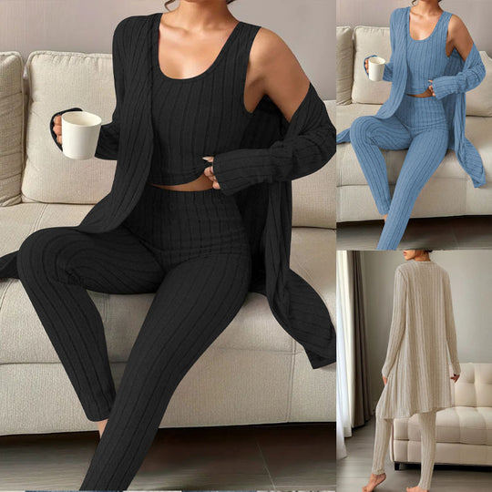 Damen Geripptes Feinstrick-Lounge-Set mit Longcardigan, kurzes Top und hochtaillierten Leggings Shop Nory
