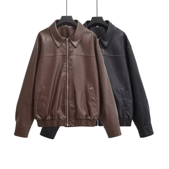 Damen Oversized Kunstlederjacke mit Hemdkragen, durchgehendem Reißverschluss und elastischem Saum Shop Nory