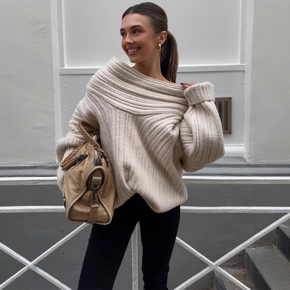 Damen Oversized Grobstrick-Pullover mit Kapuze, tiefem Schulterfall und strukturierter Rippoptik Shop Nory