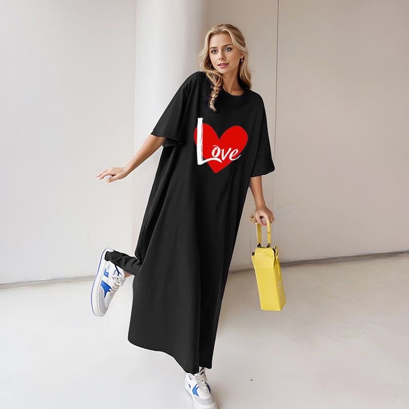 Damen nan locker geschnittenes Maxikleid mit großem Herzgrafikprint und Rundhalsausschnitt Shop Nory