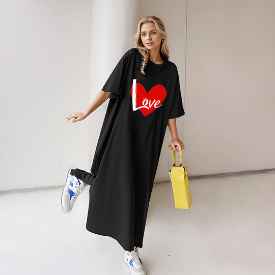 Damen nan locker geschnittenes Maxikleid mit großem Herzgrafikprint und Rundhalsausschnitt Shop Nory