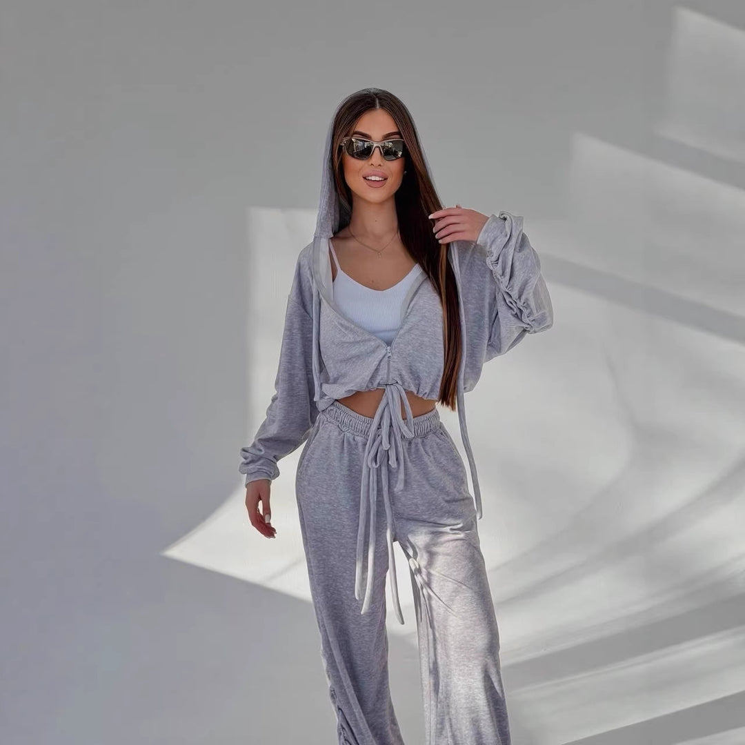 Damen Cropped Kapuzen-Sweatshirt mit Kordelzug am Saum und weite Raffung-Loungehose Shop Nory