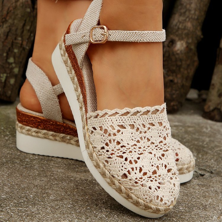 Damen Espadrille-Sandalen mit filigranem Häkel-Design und elastischem Knöchelriemen