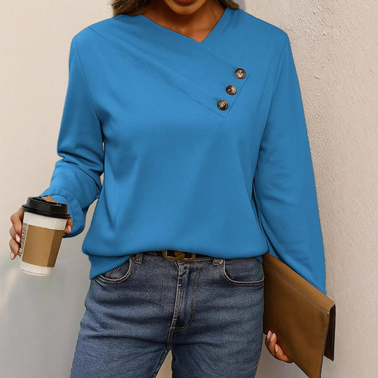 Damen Asymmetrische V-Ausschnitt Bluse mit Zierknopfleiste und Langarm Shop Nory