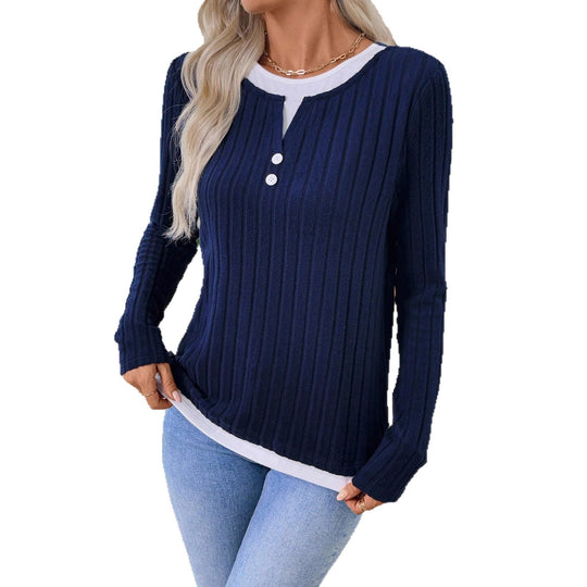 Damen Geripptes Langarm-Henley-Shirt mit Knopfleiste und Lagenoptik Shop Nory