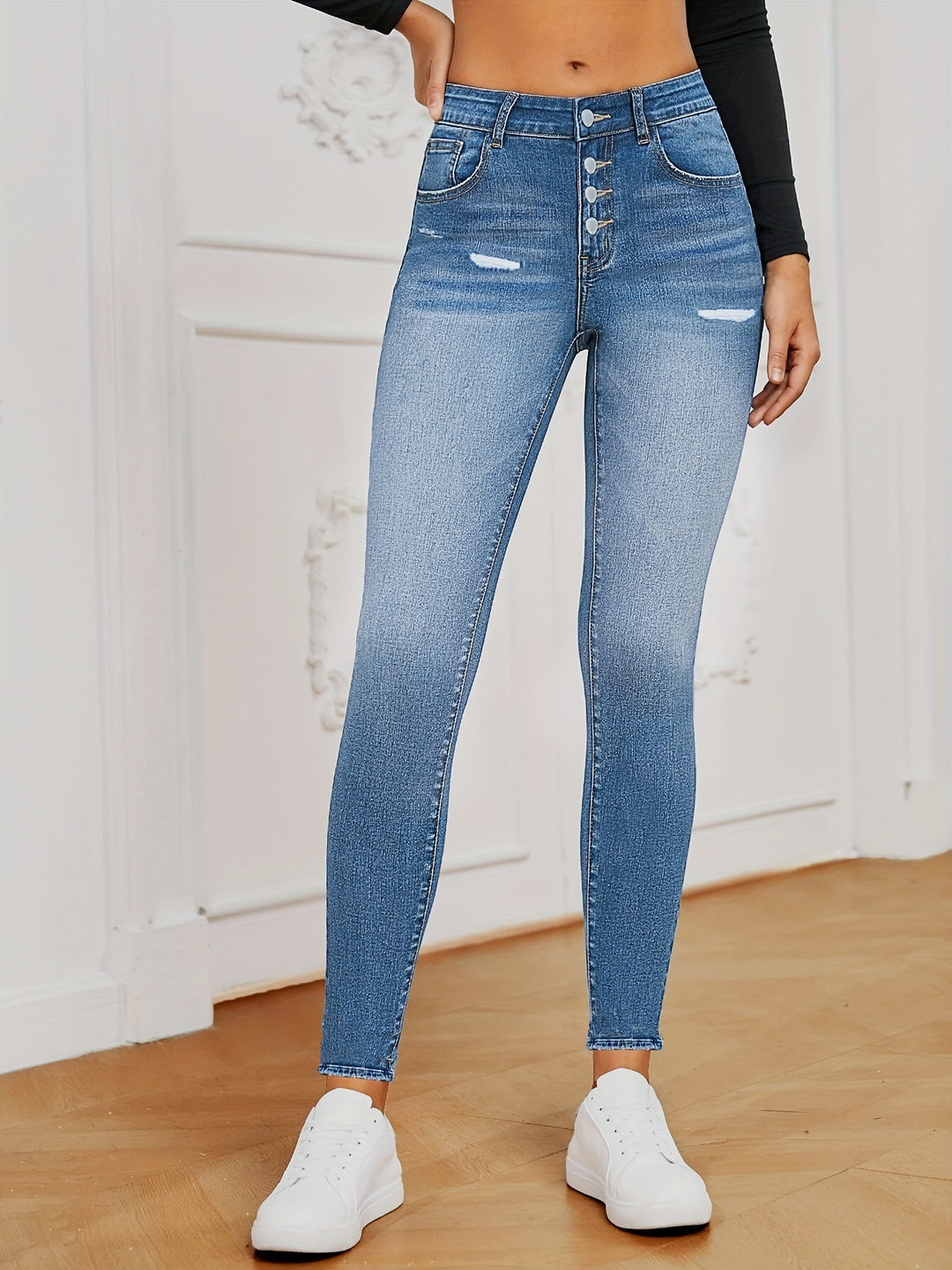 Damen Hochtaillierte Superstretch-Skinny-Jeans mit Sculpting‑V‑Bund und sichtbarer Knopfleiste Shop Nory