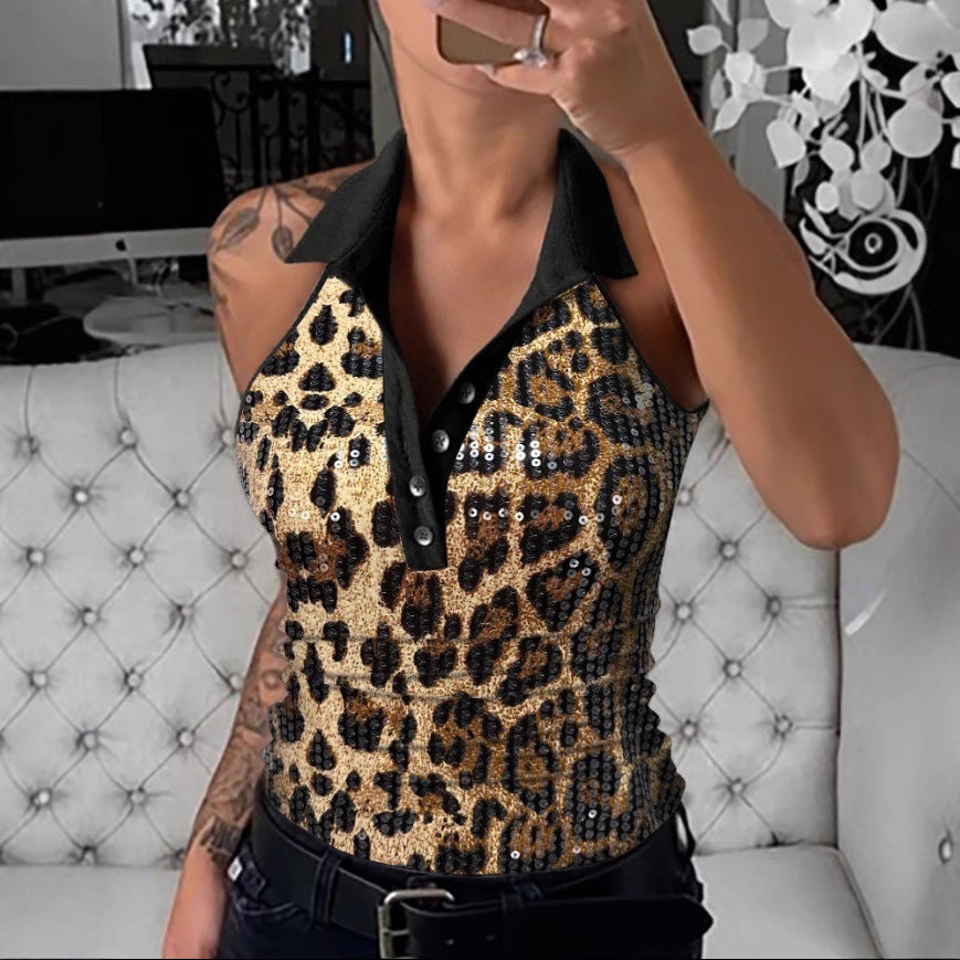 Damen Glitzerndes Poloshirt mit Leopardenmuster