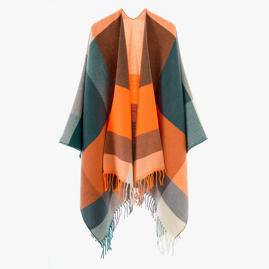 Damen Farbblock-Poncho aus Wollmix mit Fransensaum und asymmetrischem Schnitt Shop Nory