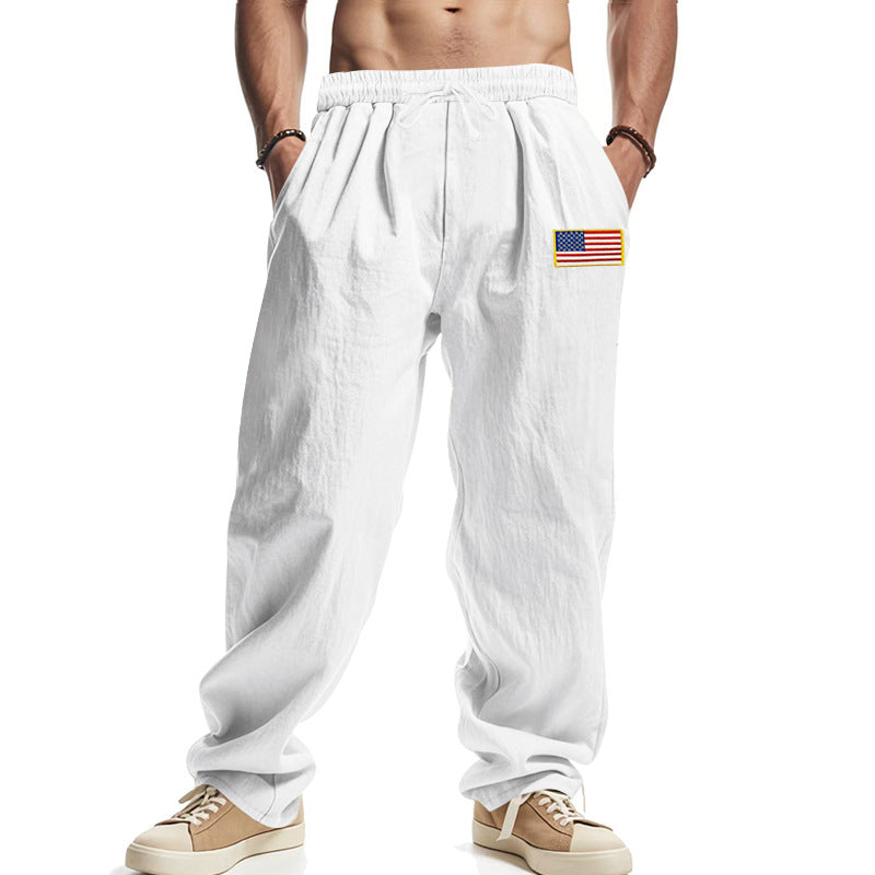 Herren Locker sitzende Freizeit-Hose im Leinen-Look mit elastischem Bund, Kordelzug & Flaggenpatch Shop Nory