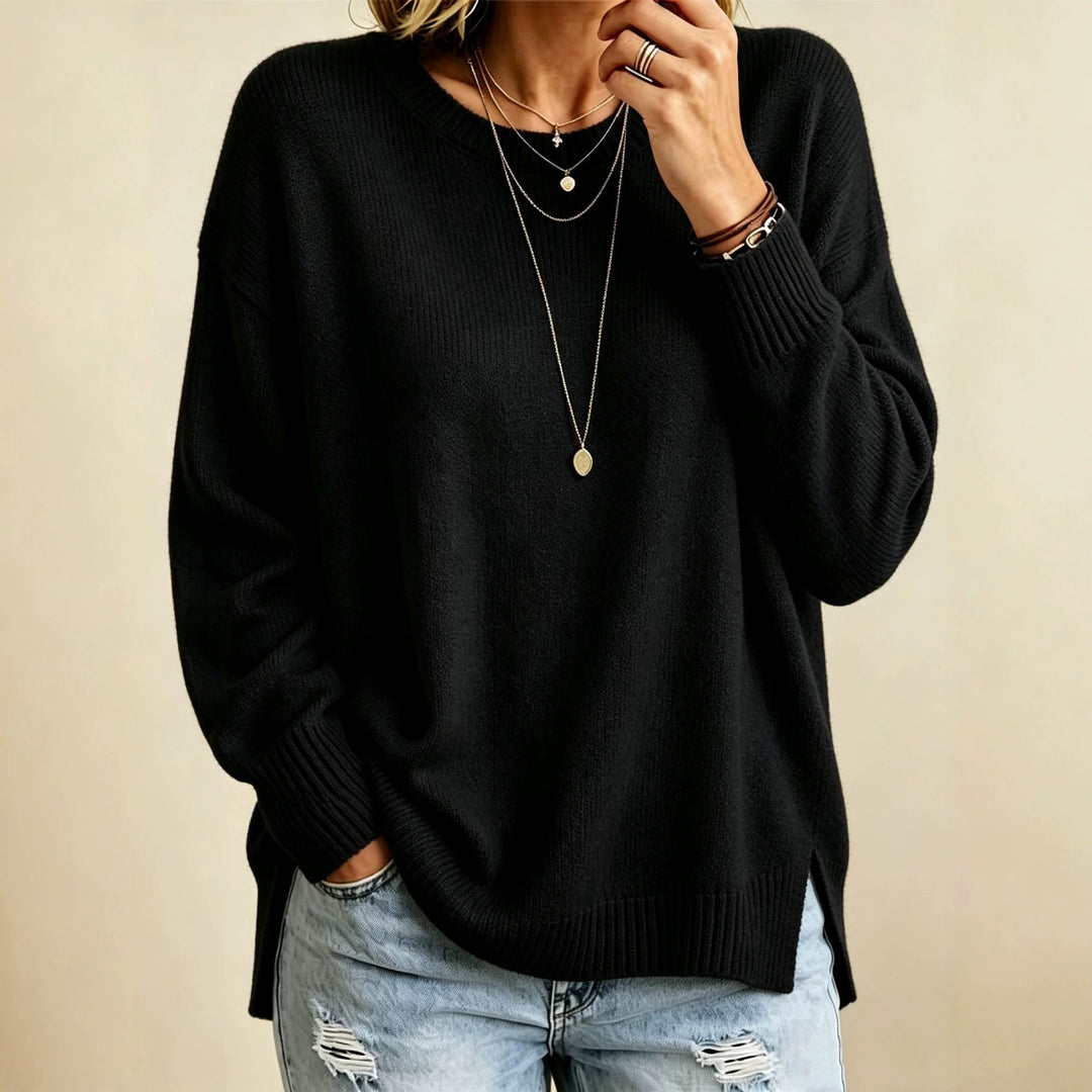 Damen Locker geschnittener Rundhals-Feinstrickpullover mit Seitenschlitzen und gerippten Bündchen Shop Nory