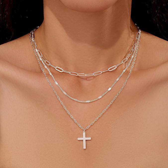 Damen mehrlagige Halskette mit modernem Kreuzanhänger und funkelnden Zirkonia Shop Nory
