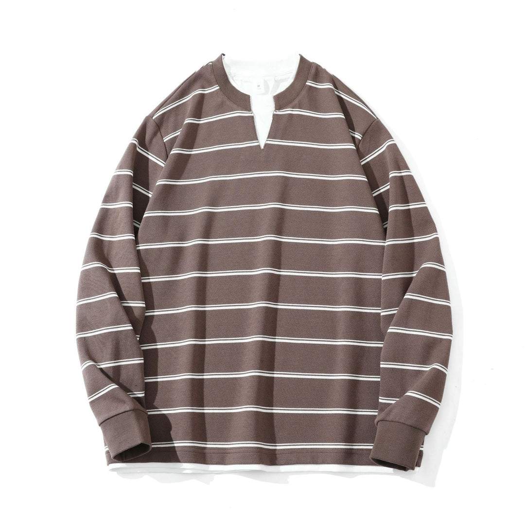 Unisex Gestreiftes Langarm-Sweatshirt mit V-Notch und Waffelstruktur Shop Nory