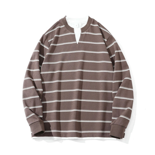 Unisex Gestreiftes Langarm-Sweatshirt mit V-Notch und Waffelstruktur Shop Nory