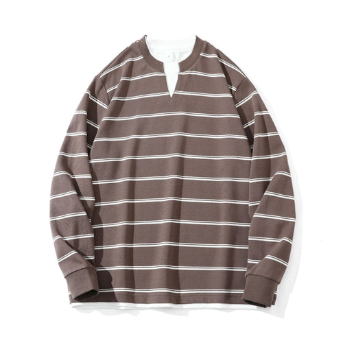 Unisex Gestreiftes Langarm-Sweatshirt mit V-Notch und Waffelstruktur Shop Nory