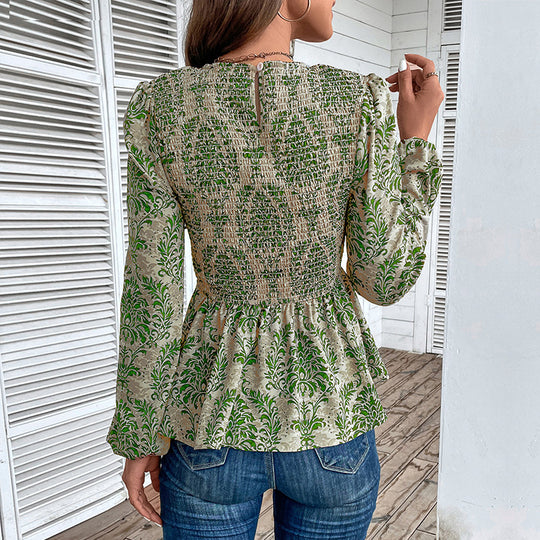 Damen Smock-Bluse mit Raffung, Ballonärmeln und Ornament-Print Shop Nory