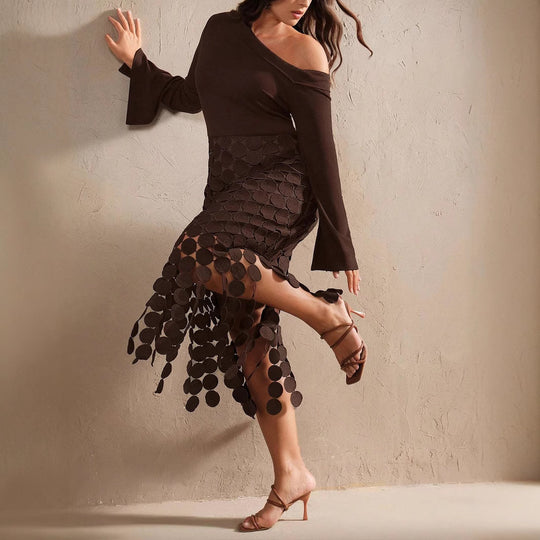 Damen Asymmetrisches Midikleid mit Ein-Schulter-Oberteil und Kreisapplikationsrock Shop Nory