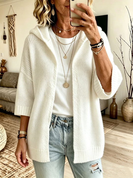 Damen Kapuzen-Longcardigan aus grobem Strick mit 3/4-Ärmeln und offener Front Shop Nory