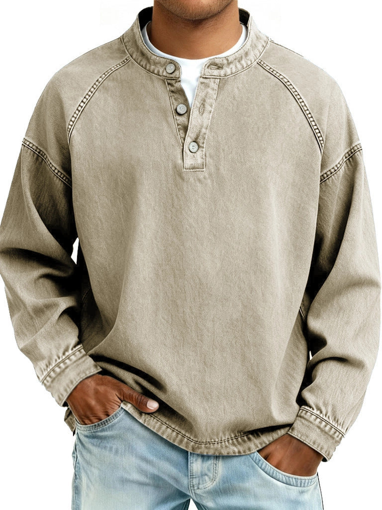 Herren nan verwaschenes Henley-Shirt mit Stehkragen, lockerer Passform und Knopfleiste Shop Nory