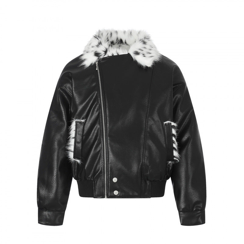 Damen Boxy Kunstleder-Bomberjacke mit asymmetrischem Reißverschluss und kuscheligem Kunstfellkragen Shop Nory