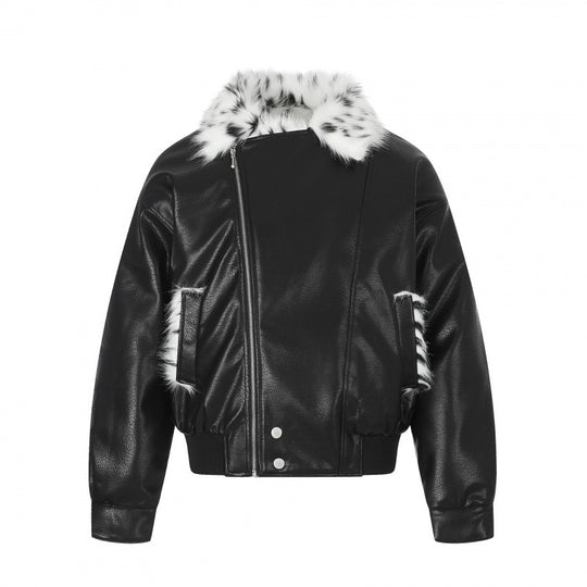 Damen Boxy Kunstleder-Bomberjacke mit asymmetrischem Reißverschluss und kuscheligem Kunstfellkragen Shop Nory