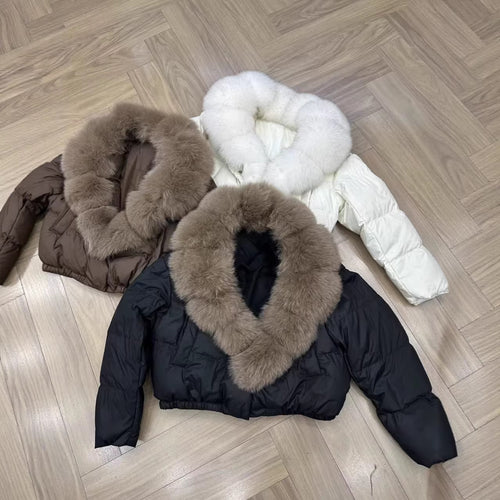 Damen nan kurz geschnittene Boxy-Pufferjacke mit extra großem Webpelzkragen und formstabilem Saum Shop Nory