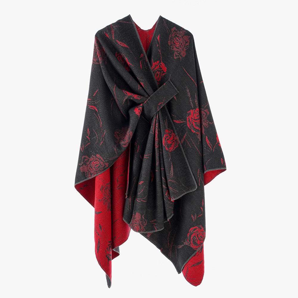 Damen Beidseitig tragbarer Jacquard-Überwurf mit Rosenmuster und Bindegürtel Shop Nory