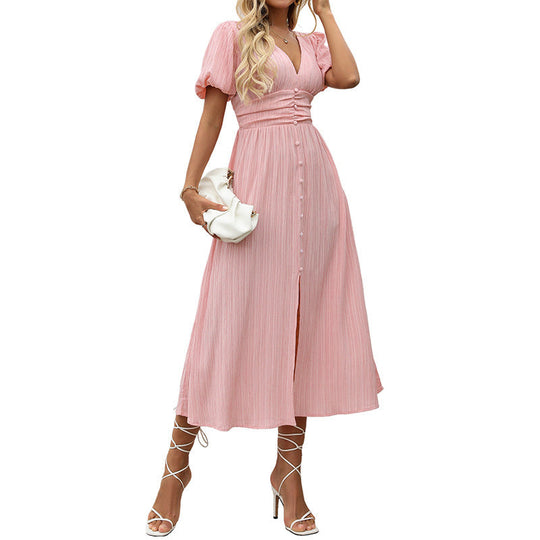 Damen Figurumschmeichelndes Midikleid mit Rippstruktur, Puffärmeln und V‑Ausschnitt Shop Nory