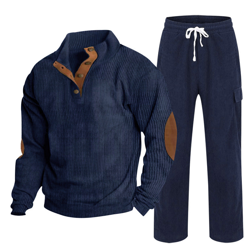 Herren Gemütliches Freizeit-Set aus Waffelstrick-Henley mit Ellenbogenpatch und Relax-Cargo-Hose Shop Nory